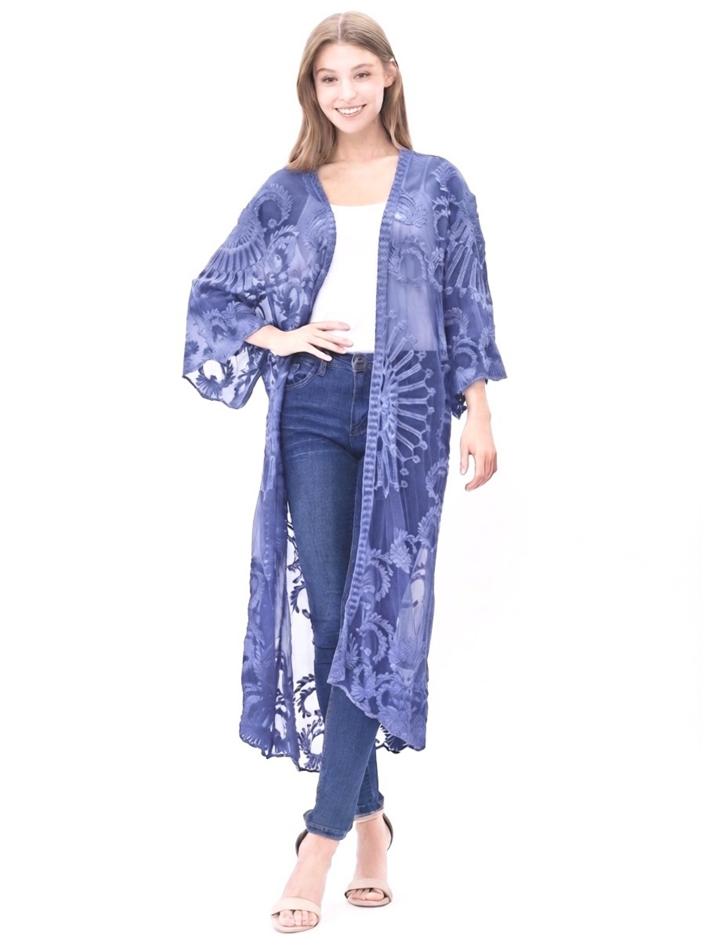 Raj Imports Melody Lace Duster Viscose Kimono Blue Periwinkle One Size Boho